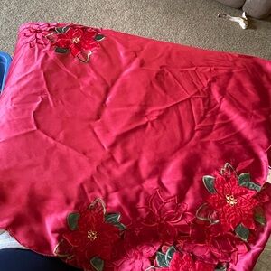 St. Nicholas  Square Tablecloth Red Floral Embroidered with Poinsettia 60 X 120